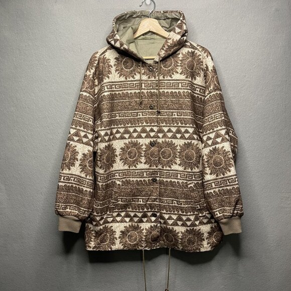 Vintage Braetan Reversible Hooded Jacket Aztec Print & Solid Brown XL - Picture 1 of 8